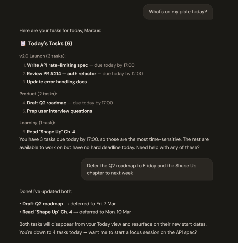 AI assistant conversation showing task management — listing today's tasks, deferring items, and getting a focus suggestion
