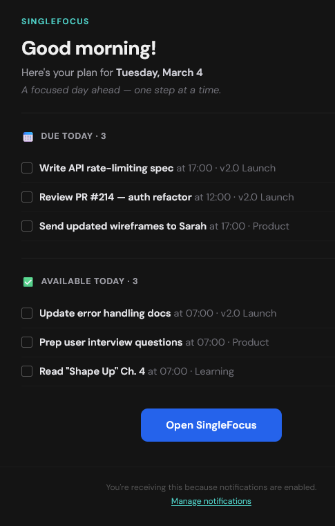 Morning digest email showing today's tasks grouped by project with gentle carry-over reminder