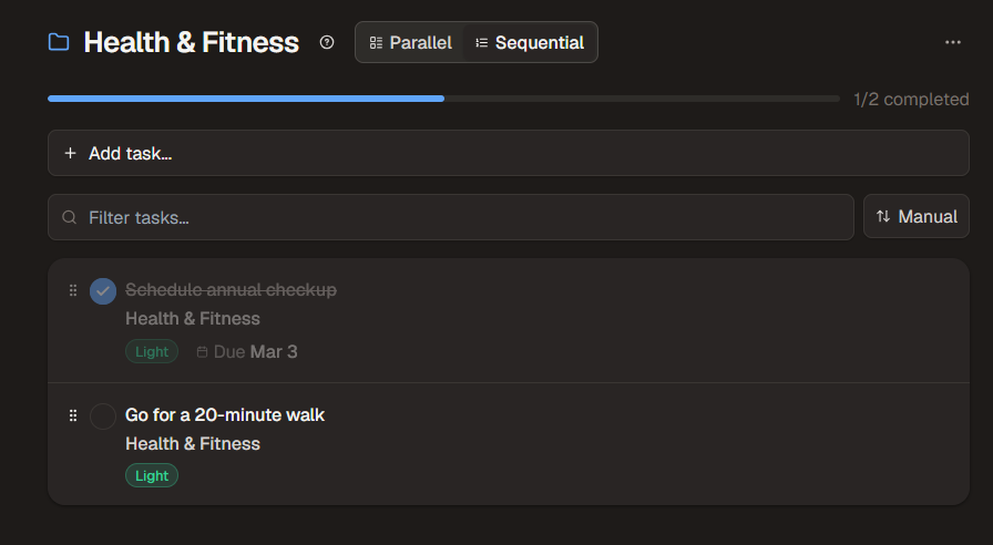 Sequential project view showing completed and next available tasks with progress bar