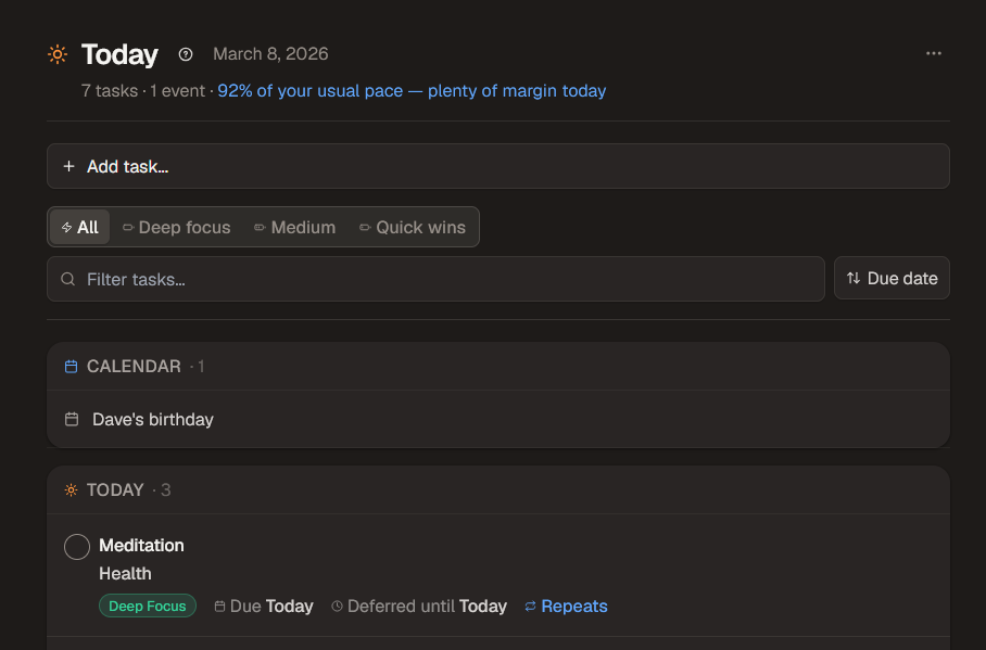SingleFocus Today view showing natural language task input, focus mode, and actionable tasks for the day